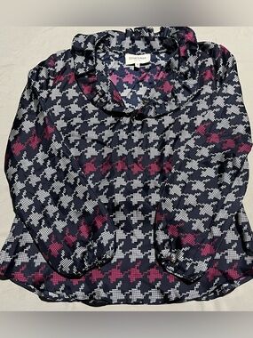 Elizabeth McKay 100 Silk Houndstooth Blouse Women 12 Ruffle Neck Long Sleeve Top